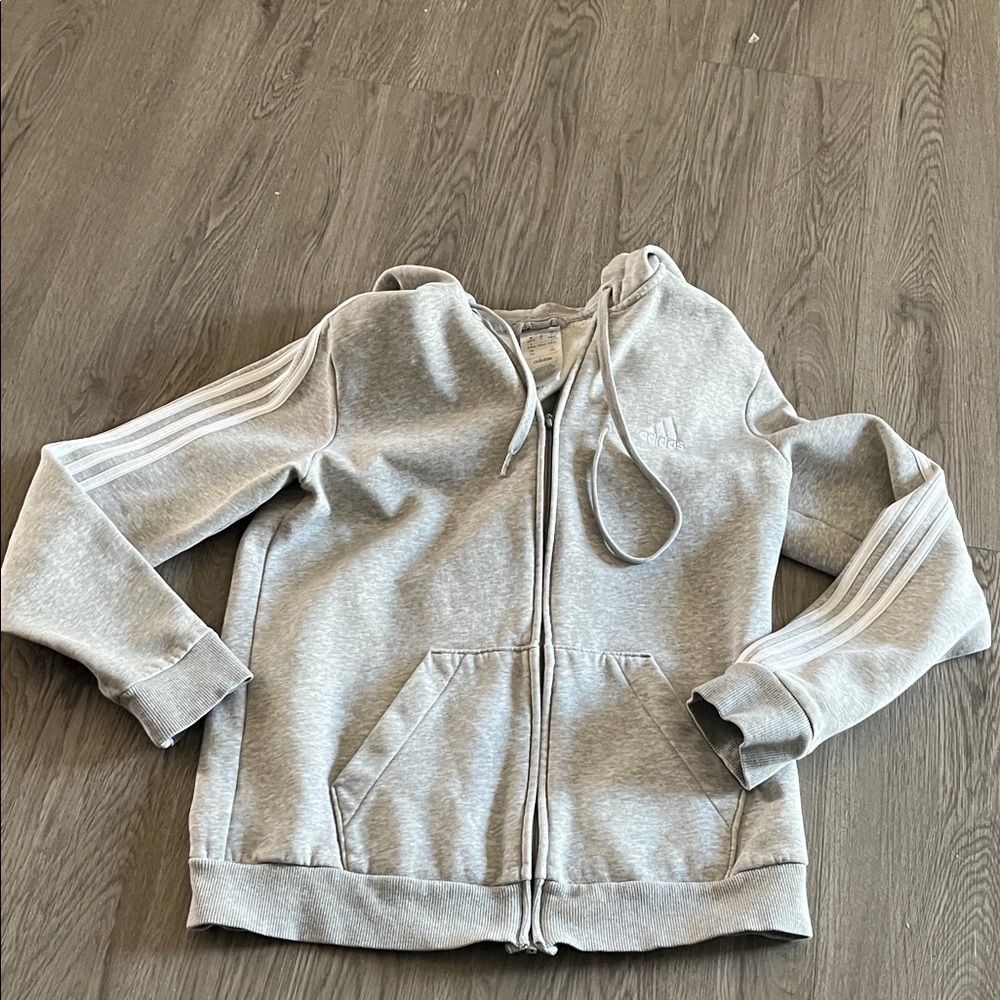 Adidas Light Gray Hoodie with Stripes! Zipper works but metal piece fell off!